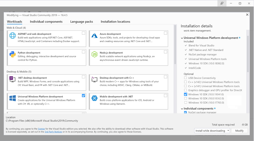 SDKは「Visual Studio」のインストーラーからセットアップできる
