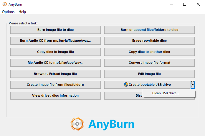 初期画面の［Create bootable USB drive］ボタン右端にある［▼］ボタンから［Clean USB drive...］を選択