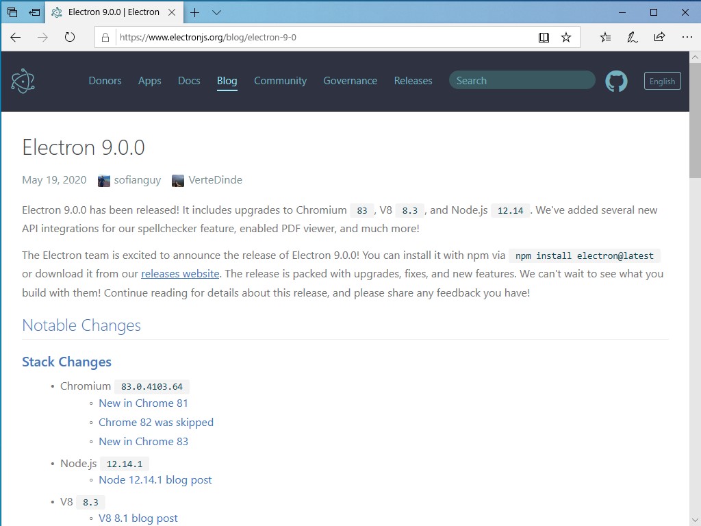 「Electron 9.0.0」がリリース