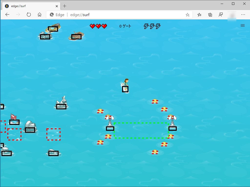 高視認性モードを有効化しておくと、オブジェクト周りにヒットボックス（当たり判定のエリア）が強調表示される