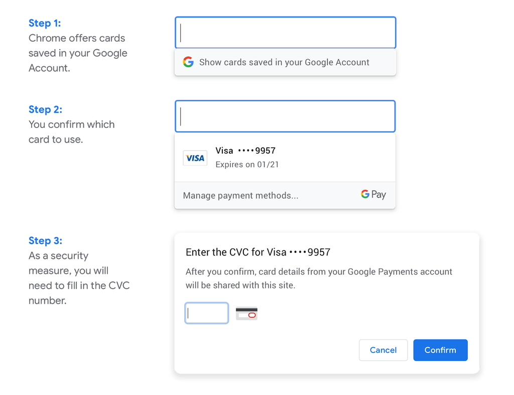“Google Pay”に登録済みのクレジットカード情報を自動補完。CVCの入力が必要