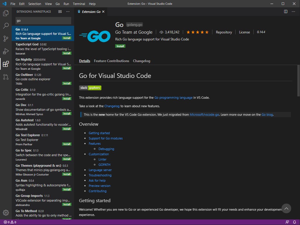 「Visual Studio Code」向けの「Go」拡張機能