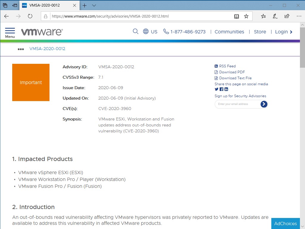 セキュリティアドバイザリ“VMSA-2020-0012”