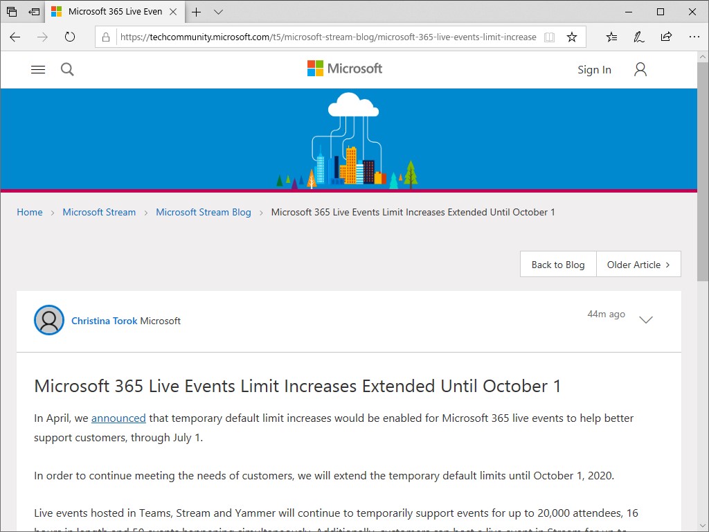 “Microsoft 365”のライブイベント機能で実施中のデフォルト上限値引き上げが10月1日までに延長
