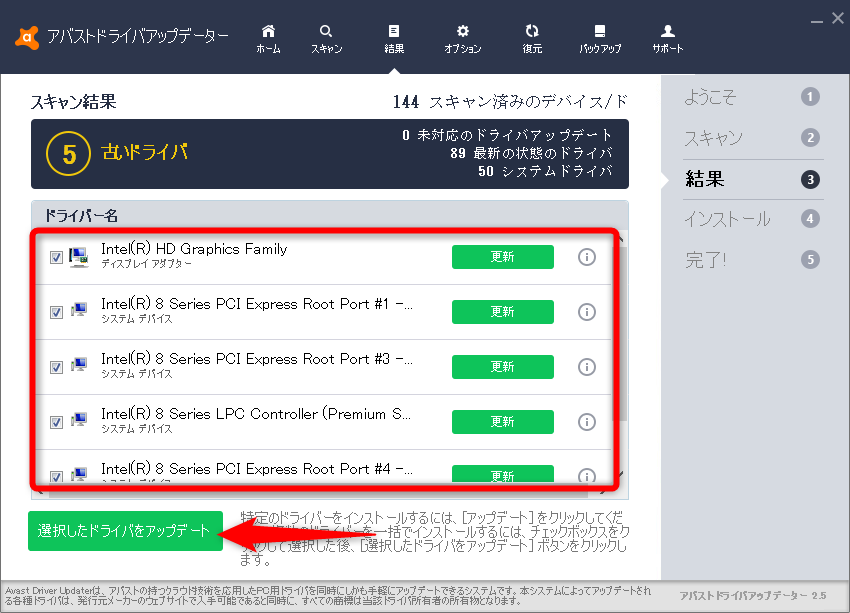 更新したいドライバーを選択して、［選択したドライバをアップデート］をクリックする。個別更新も可能だ