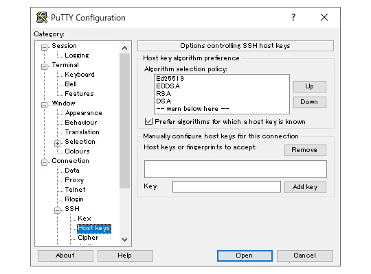 「PuTTY」の設定画面