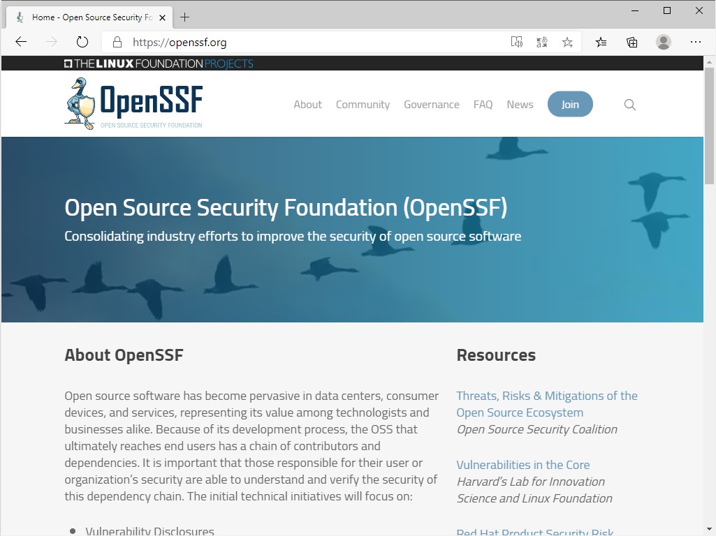 “Open Source Security Foundation（OpenSSF）”のWebサイト