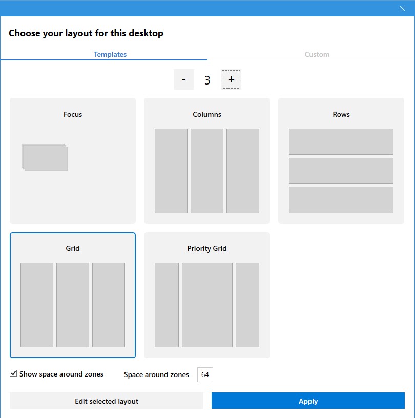 ［FancyZones］セクションにある［Launch zone editor］ボタンを押すか、［Windows］＋［@］キーを押してゾーンエディターを起動