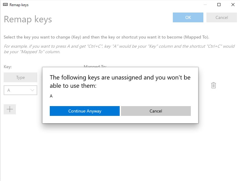 警告ダイアログ。意図した設定であれば無視しても問題はない