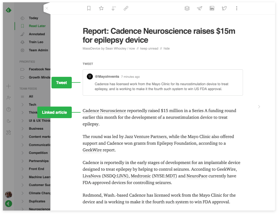 リンクを含むツイートのみをフォローし、そのリンク先のコンテンツを“Feedly”に取り込んで閲覧することも