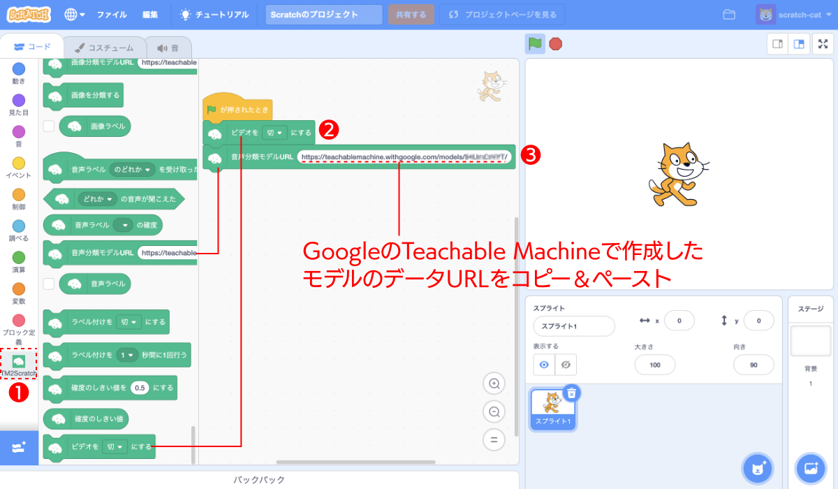 ❶「TM2Scratch」の拡張ブロックが読み込まれている。［緑の旗が押されたとき］ブロックに続いて❷［ビデオを“切”にする］ブロックと❸［音声分類モデルURL“*”］ブロックをつなぎURLをペースト