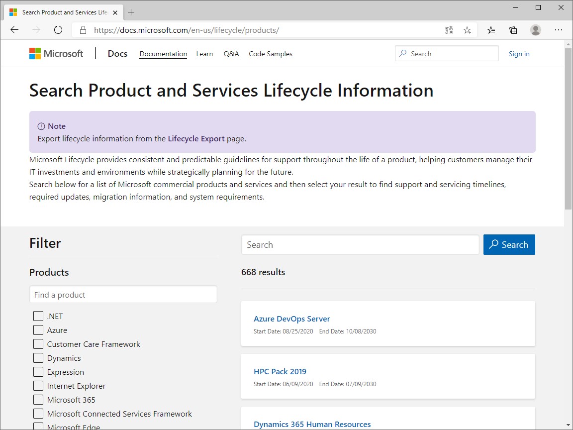 Microsoft、製品のライフサイクルを検索するWebページをリニューアル