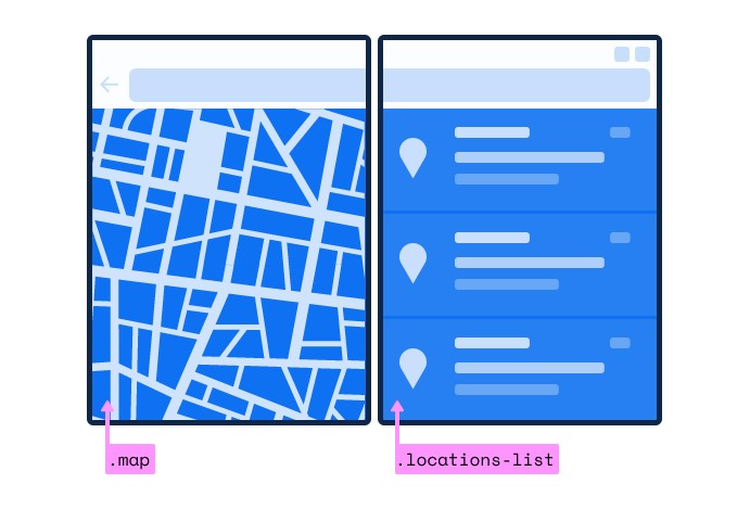 スクリーンセグメントが2つの場合。左のセグメントに地図を、右のセグメントに検索結果を表示