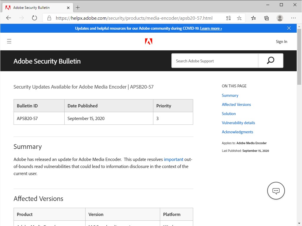 セキュリティ情報“APSB20-57”