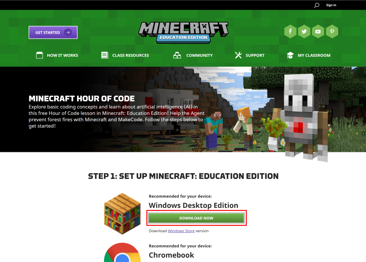 <a href="https://education.minecraft.net/hour-of-code-2020" class="n" target="_blank">「Minecraft Hour of Code」</a>のWebページ。ここではWindows版をダウンロード