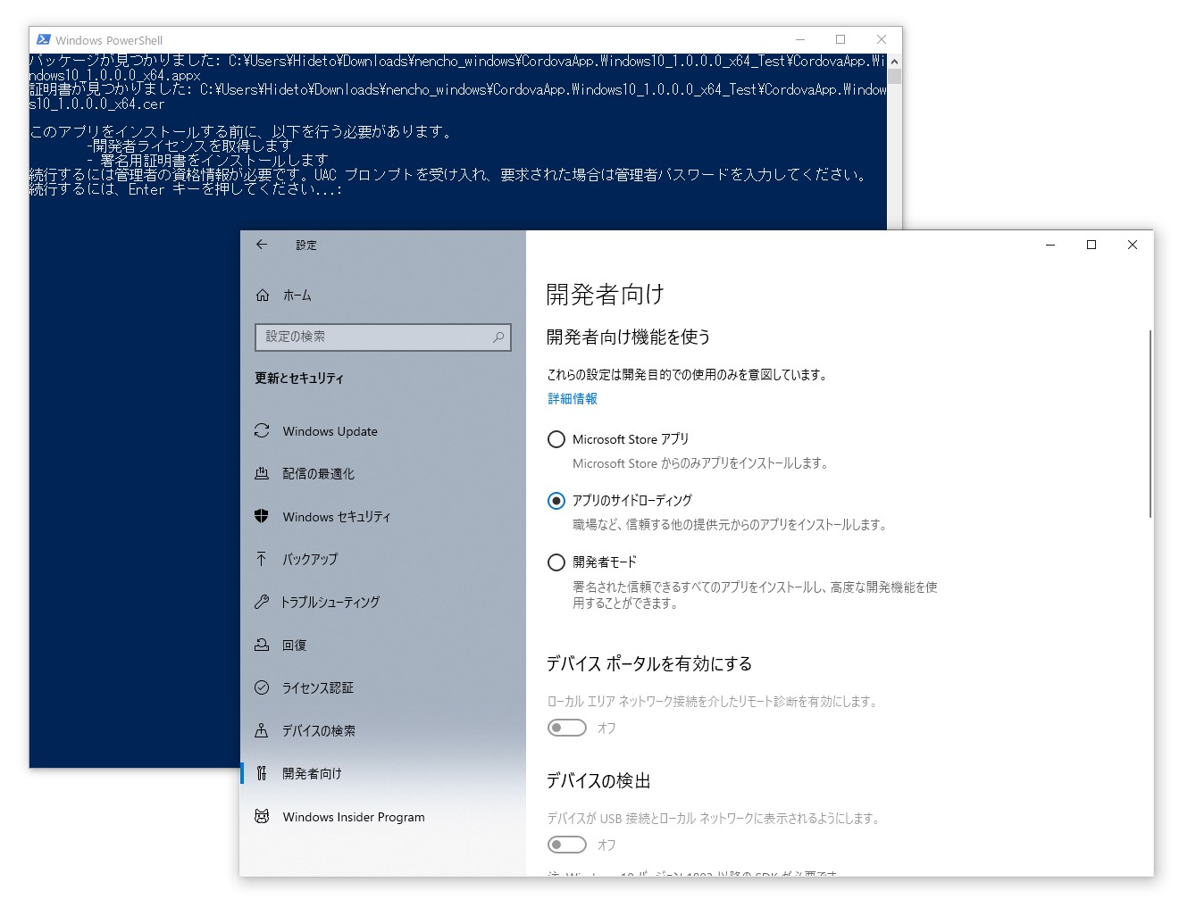 セットアップスクリプトの案内に従い“開発者モード”の有効化