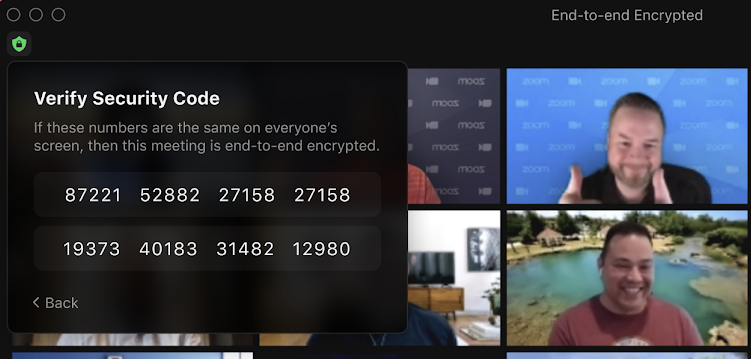緑色のシールドに南京錠のアイコンが表示されていることでE2EEの有効を確認