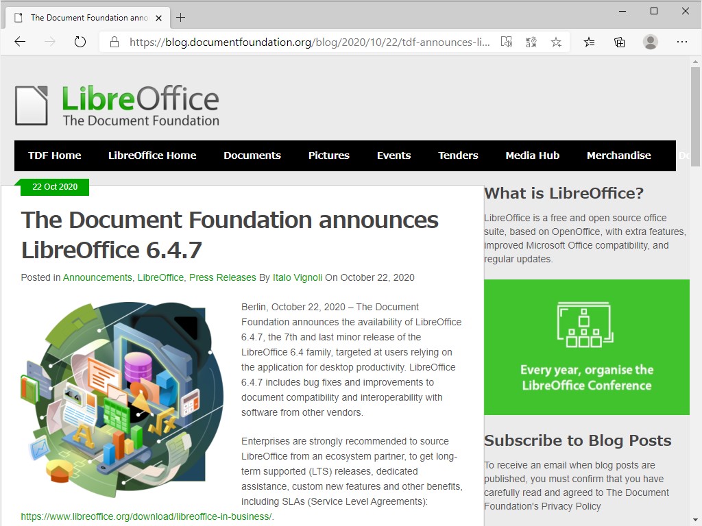 The Document Foundation、「LibreOffice 6.4.7」を公開