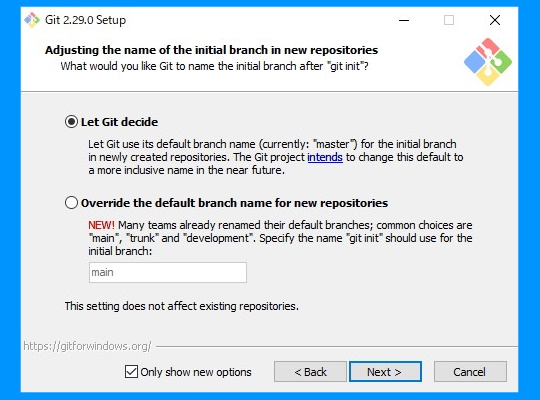 “git init”コマンドで利用されるデフォルトのブランチ名をインストーラーで設定できるように
