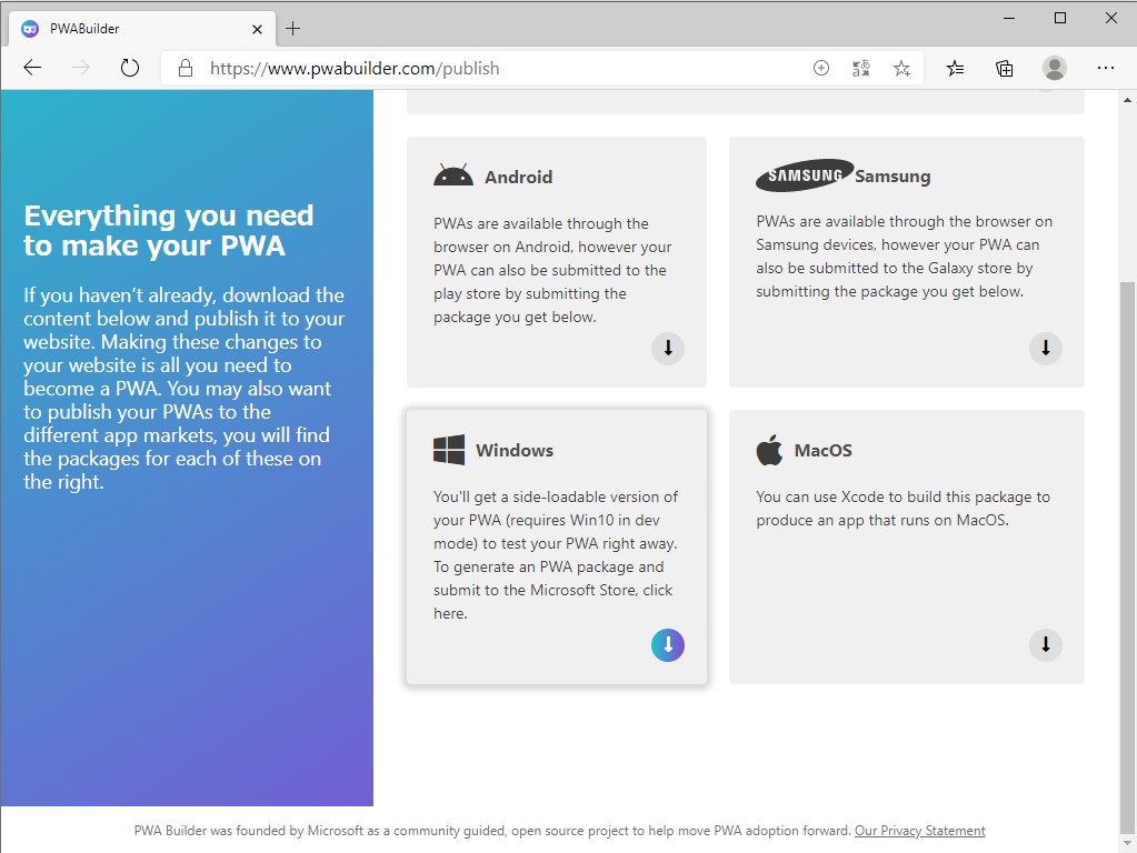 新しい「Chromium」ベースの「Microsoft Edge」を利用した“プログレッシブ Web アプリ”（PWA）の“Microsoft Store”パッケージを作成する機能が「PWABuilder」に追加
