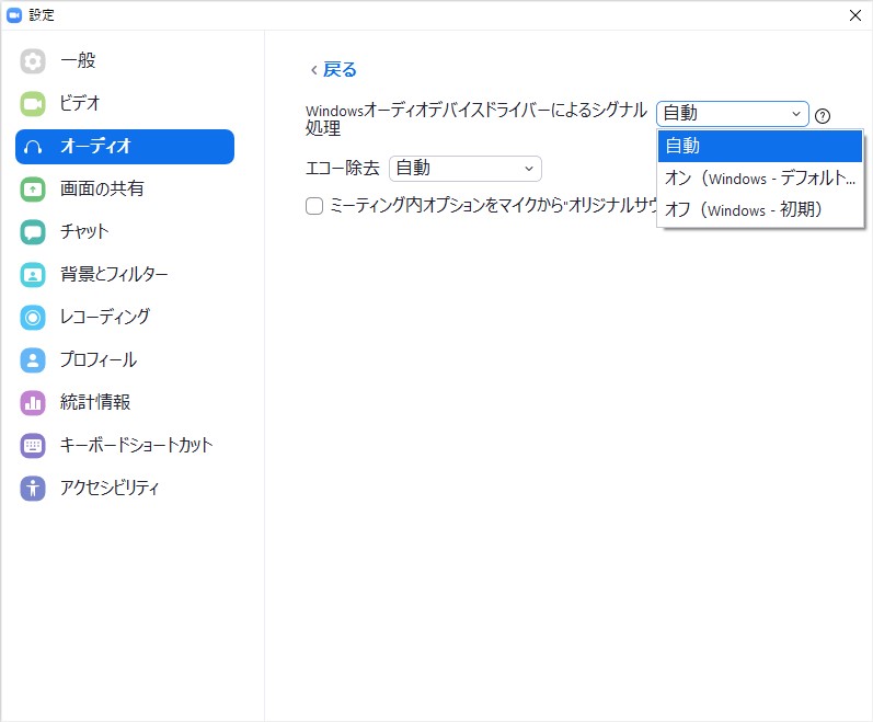 Windowsによるオーディオシグナルの処理を無効化するオプション