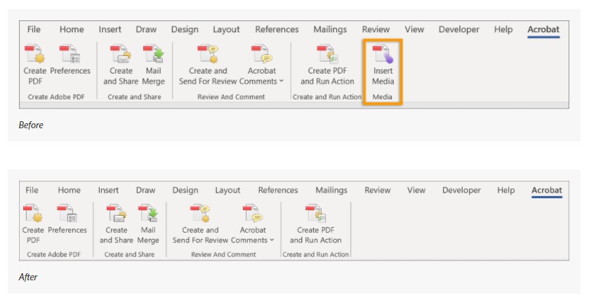 「Flash」に依存していた機能は削除。「Word」および「PowerPoint」の「PDFMaker」に用意されていた「Flash」の埋め込み・挿入オプションも廃止される