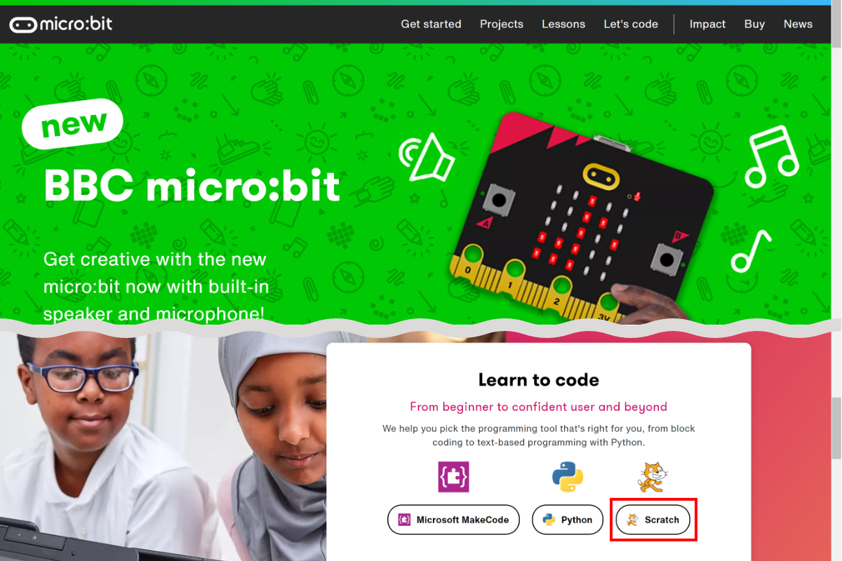 トップページなかほどの［Learn to code］エリアの［Scratch］ボタンをクリックすると次の「Scratch Link」のダウンロードページに移動できる