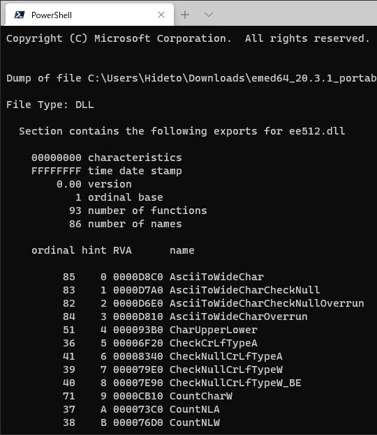 「Visual Studio」に付属するツール「DUMPBIN」で、「EmEditor」に用意された“AVX-512”バイナリの関数をエクスポートした様子。多くの処理で“AVX-512”が利用されていることがわかる