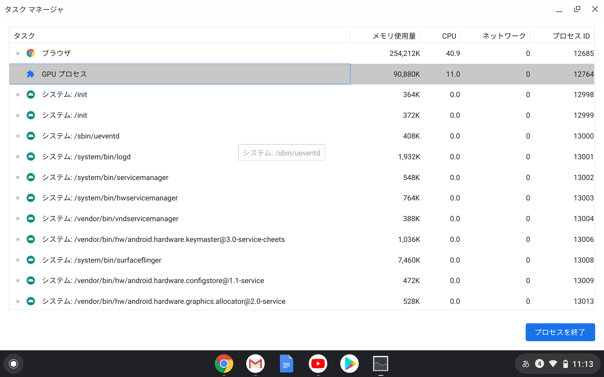 ［検索］＋［Esc］キーでタスクマネージャーを呼び出せる。この機能はデスクトップ版「Chrome」でも利用可能だ