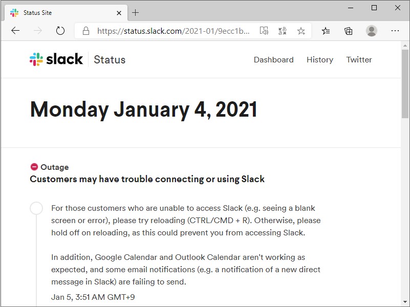 「Slack」のステータスサイト