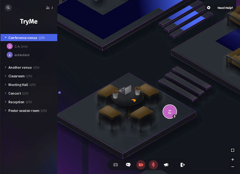 公式サイトのテスト用会議スペース。丸いアイコンが参加者