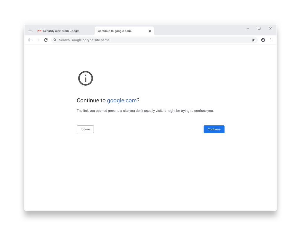 既存の“Lookalike”インタースティシャル警告。フィッシングサイトにジャンプする前に挟まれる