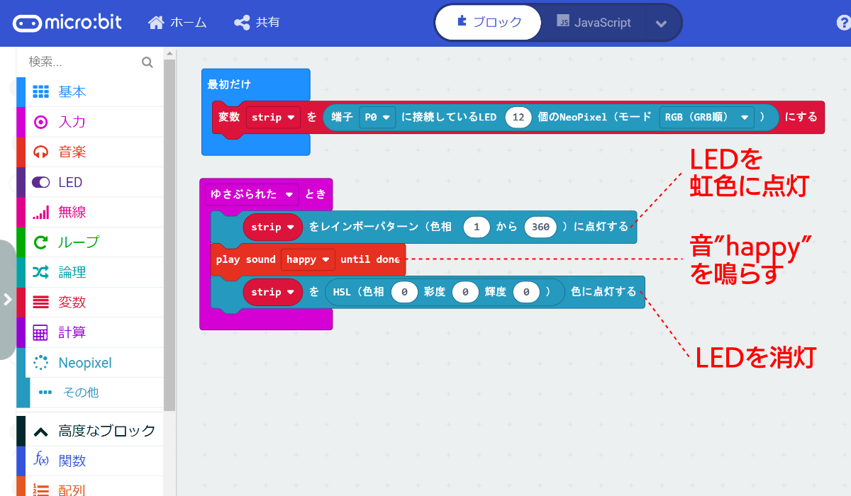 ［play sound <span class="em italic">happy</span> until done］ブロックは、音が鳴り終わってから次に進むので［一時停止（ミリ秒）"*"］ブロックは使用していない。色相、彩度、輝度を0にすることでLEDボードを消灯