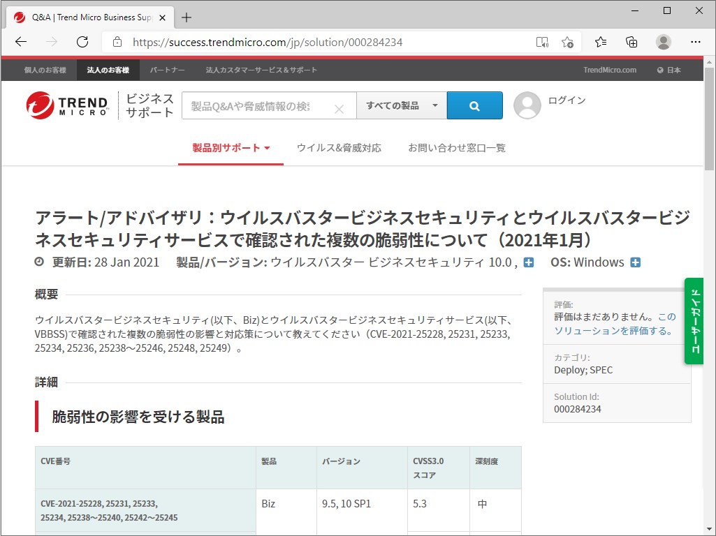 トレンドマイクロのサポートページ