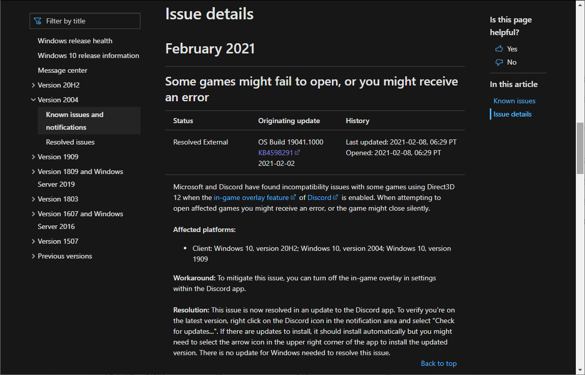“Windows release health”でのアナウンス