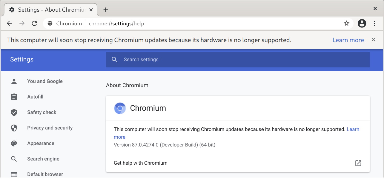 「Chromium」での警告バナーとメッセージ