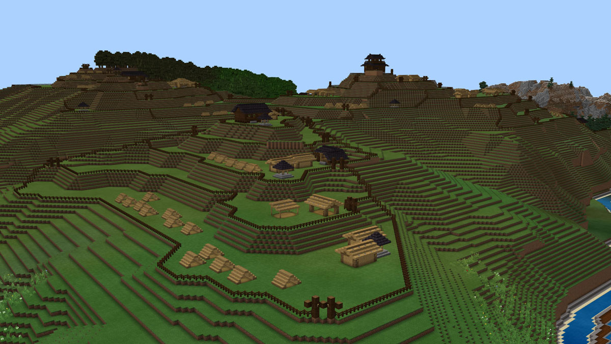 御殿や寺社建築、馬小屋、城下町の見世棚などの建物も再現されている