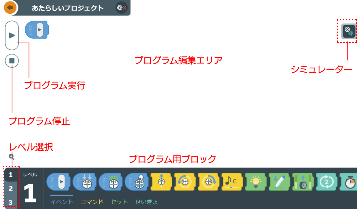 画面下部にあるプログラム用のアイコン型ブロックをプログラム編集エリアにドラッグしてプログラムを作成する
