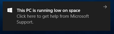 ディスクの空きスペースが少ないことを通知するトースト