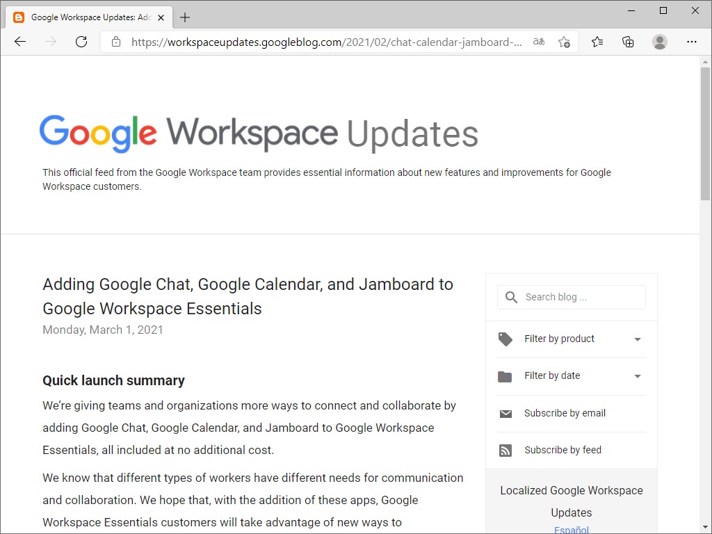 「Google Workspace Essentials」に「Chat」「カレンダー」「Jamboard」が追加