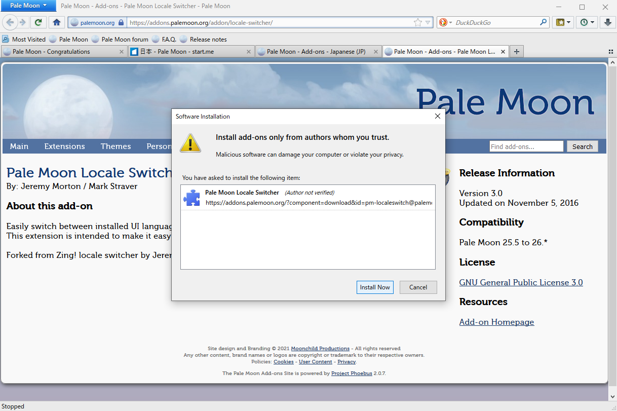 「Pale Moon Locale Switcher」をインストール