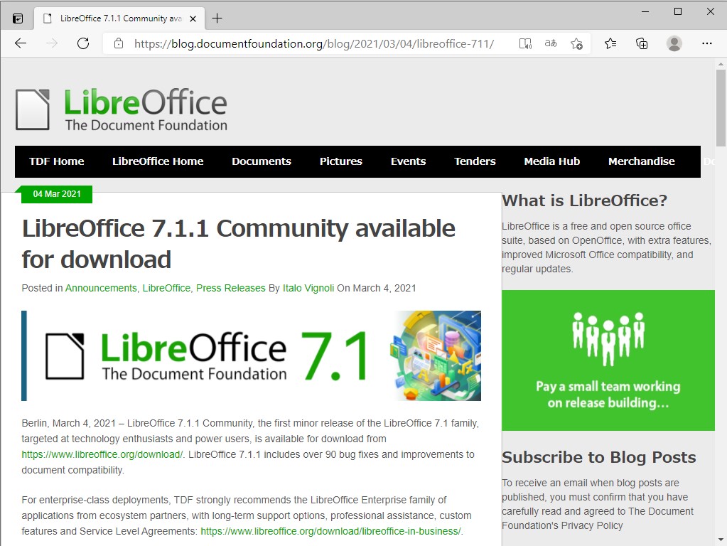 The Document Foundation、「LibreOffice 7.1.1 Community」を公開
