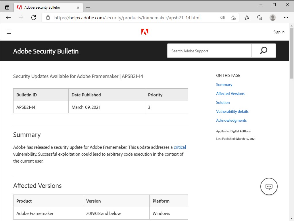 セキュリティ情報“APSB21-14”