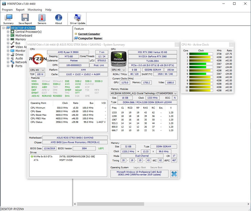 「HWiNFO64」v7.00。メイン画面と［Summary］ダイアログ