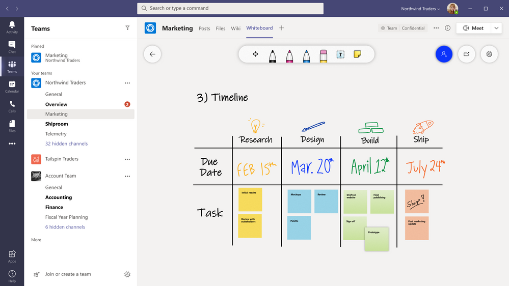 「Microsoft Teams」のチャンネルとチャットでも「Microsoft Whiteboard」が利用できるように