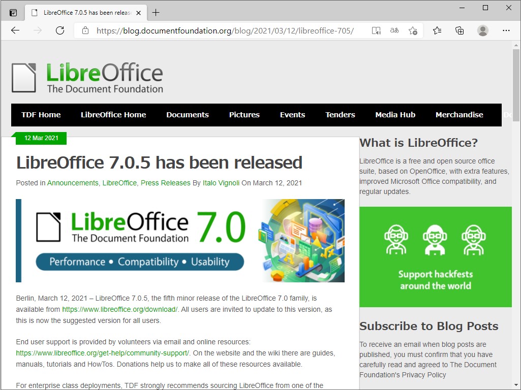 The Document Foundation、「LibreOffice 7.0.5」を公開