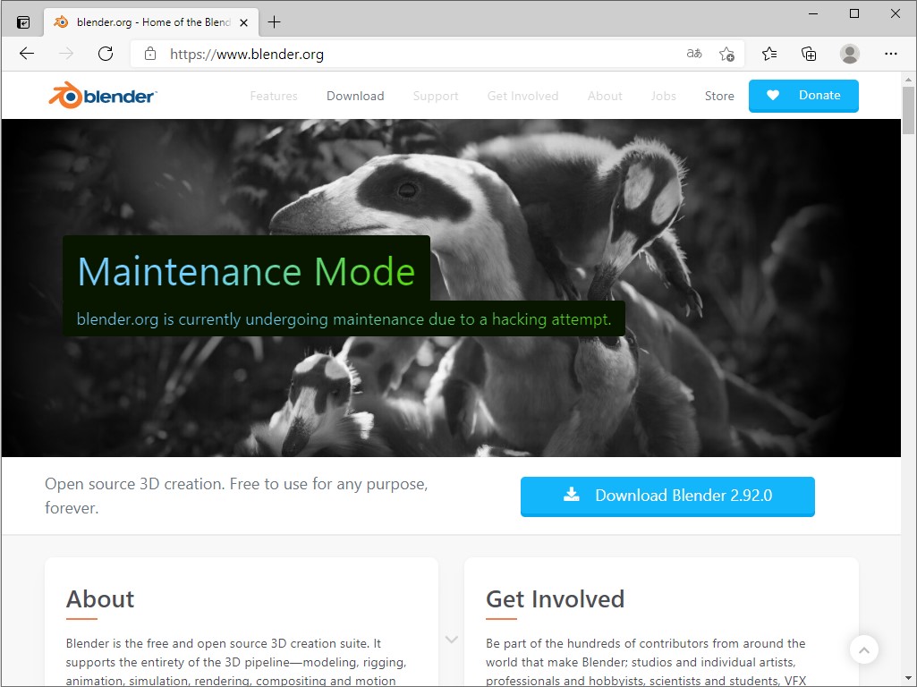 「Blender」の公式ページ。メンテナンスモードとの告知が表示されている