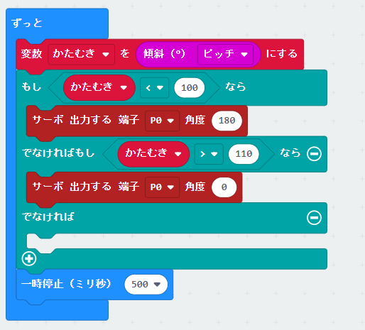 「傾斜(°)ピッチ」が100度より小さい場合はシールドを閉じ、110度より大きい場合は開くプログラム