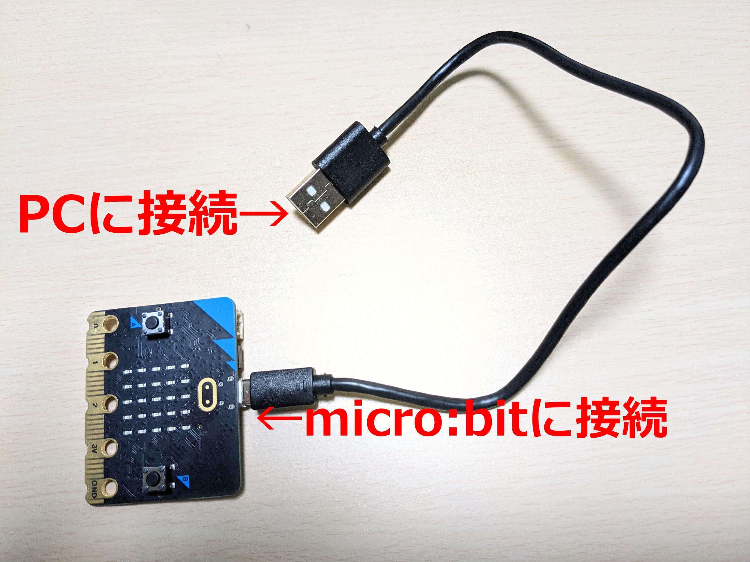 今回はmicro:bitとセットで販売されているケーブルを使いますが、micro:bitを単品で購入した場合は給電とデータ通信に対応したMicro USBケーブルを用意してください