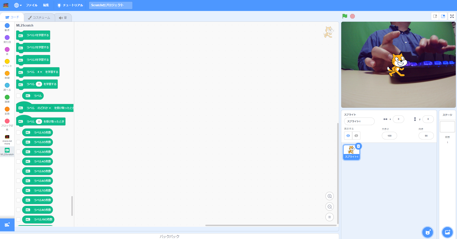 「ML2Scratch」のアイコンが表示され、USBカメラの映像が映し出されました。スクラッチキャットは不要なのでスプライトを選択して非表示にしておくとよいでしょう
